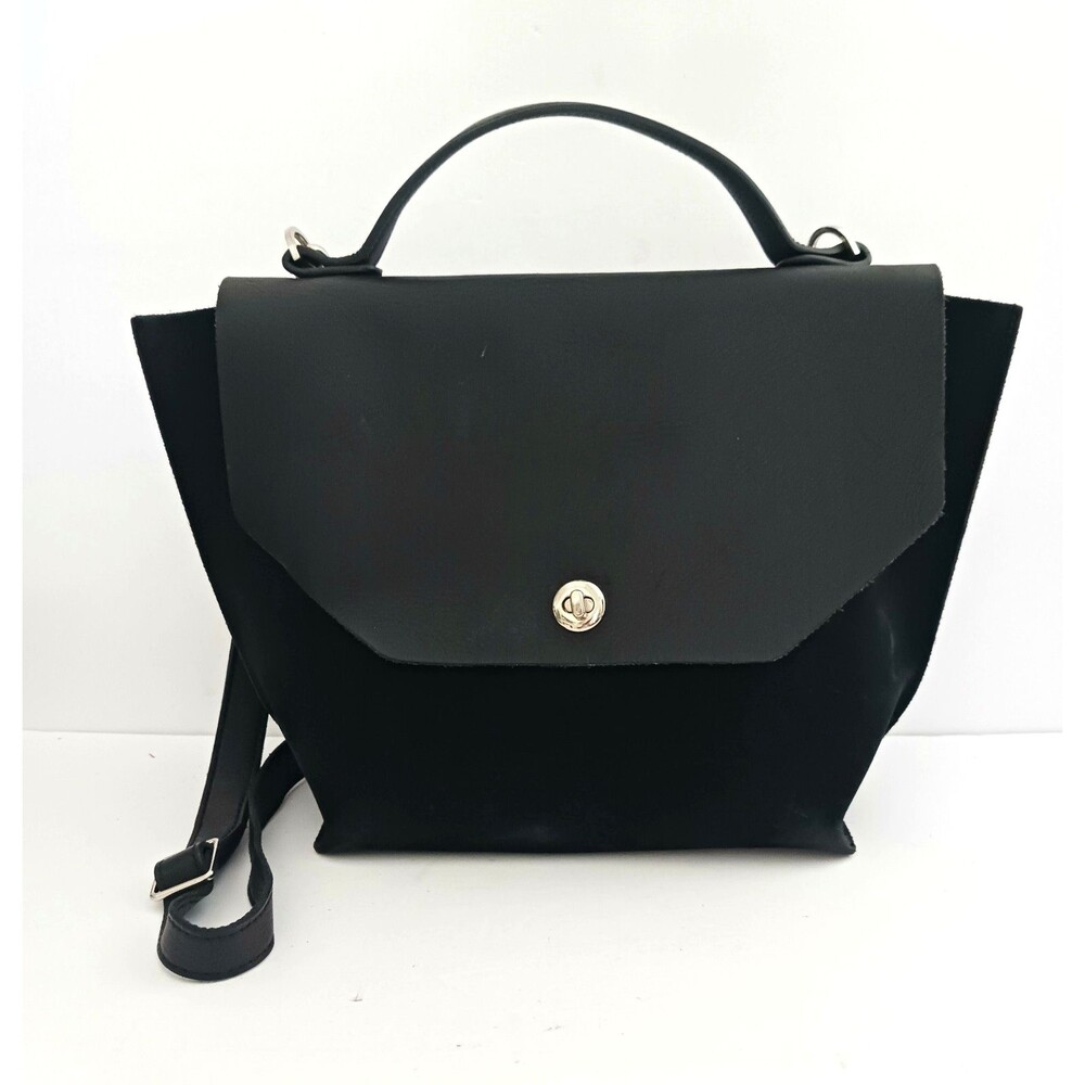 Graf Lantz Enso Satchel w Crossbody Blk Suede/Blk Leather Flapfront Made USA